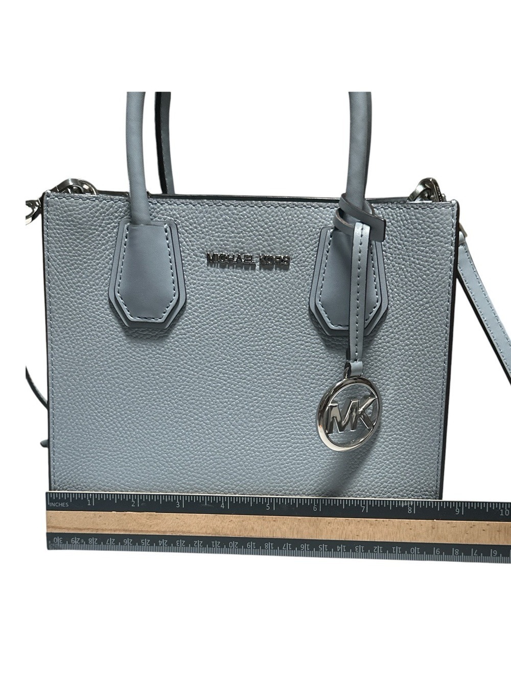 Michael Kors Mercer Light Blue Pebbled Leather Satchel Crossbody Bag - Picture 6 of 8